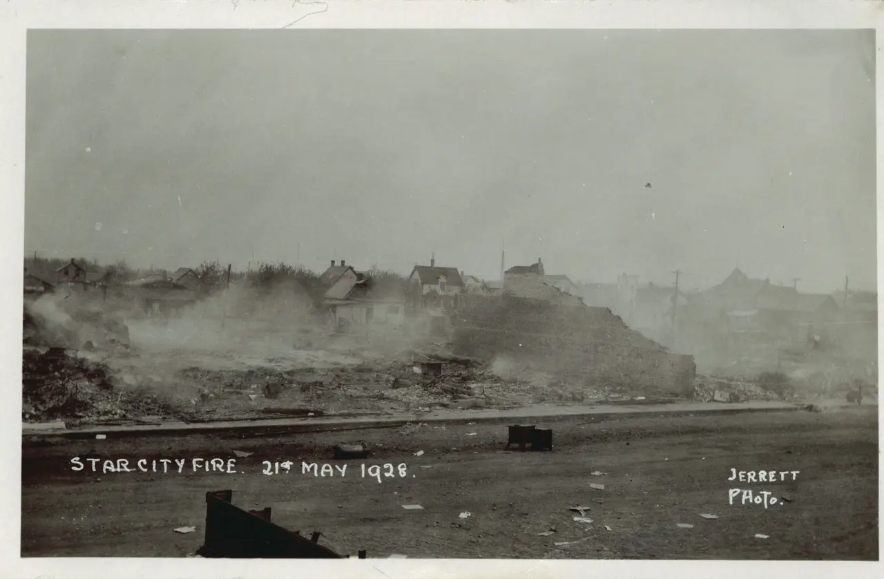 Smoldering ruins after the Star City fire, 21 May 1928